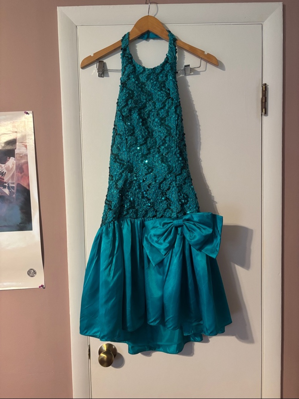 Vintage 80’s Sequin Party Dress Teal Bow Halter Bow Dropwaist Cocktail Dance 90’ - Picture 4 of 17